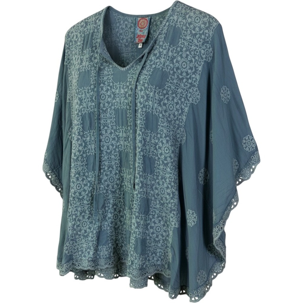 Johnny Was Embroidered Poncho Blouse Women S Blue Eyelet Boho Chic Peasant Top